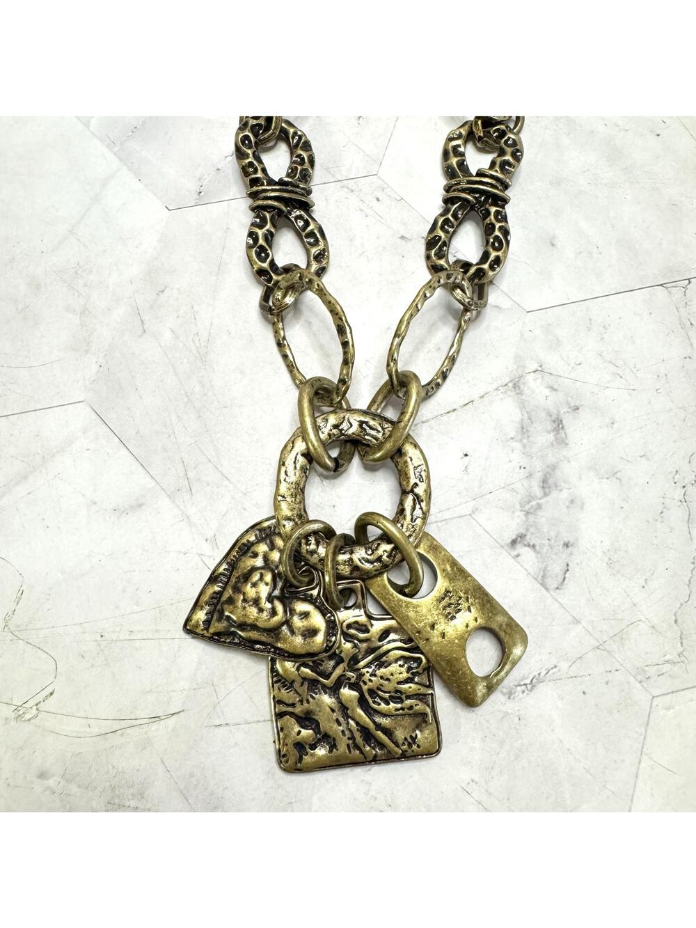 Vintage Nena Necklace Hammered Antique Gold Tone Statement Heart Cluster